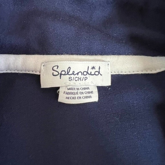 Splendid Navy top women button up shirt Long sleeve Piped Woven PJ size S sleep - Picture 3 of 13